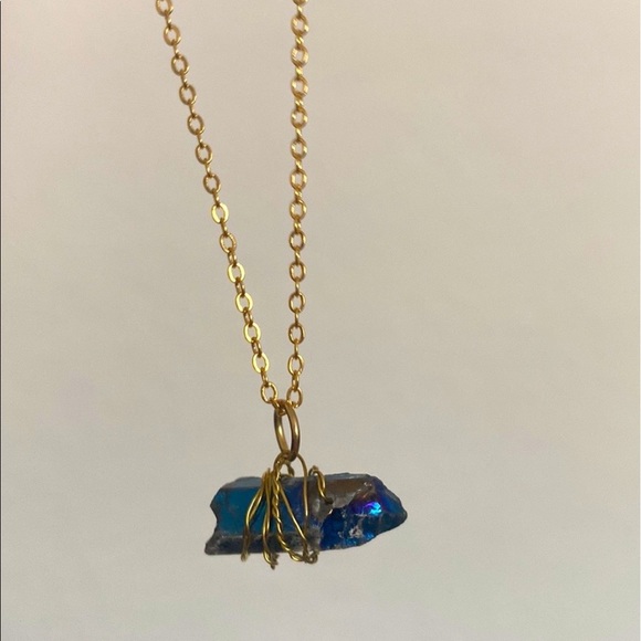 Gold Wire Wrapped Rainbow Crystal Quartz Bullet Pendant on Gold Chain Necklace - Picture 4 of 5